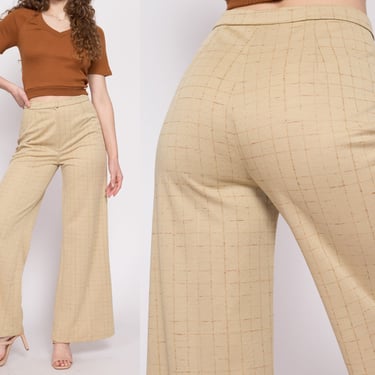 70s Tan Grid Print Wide Leg Pants - Medium, 27