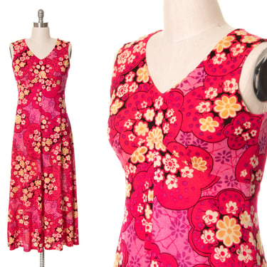 Vintage 1970s Maxi Dress | 70s Pink Floral Print Psychedelic Sleeveless Empire Waist Full Length Sundress Day Dress (medium/large) 