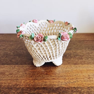 Vintage Italian 1950s Porcelain Rose Basket 