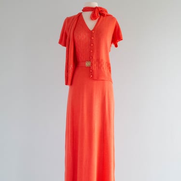 Fabulous Early 1970's St. John Knit Maxi Dress With Cardigan in Shrimp Cocktail / ML