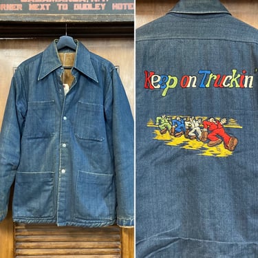 Vintage 1970’s “Keep on Truckin’” R. Crumb Artwork Denim Jacket, 70’s Denim Jacket, 70’s Workwear, 70’s Embroidery, Vintage Clothing 