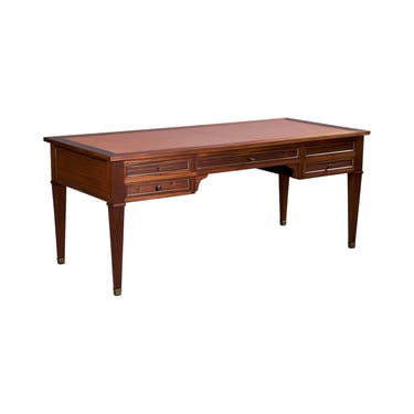 French Louis XVI Neoclassical Style Mahogany Writing Desk W/ Brown Leather Top 