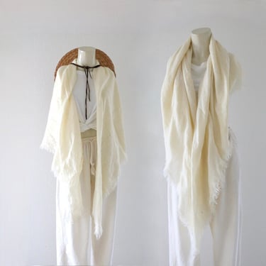 large ivory fringe scarf - vintage 90s y2k white cream womens square fringe wrap scarves gift present 