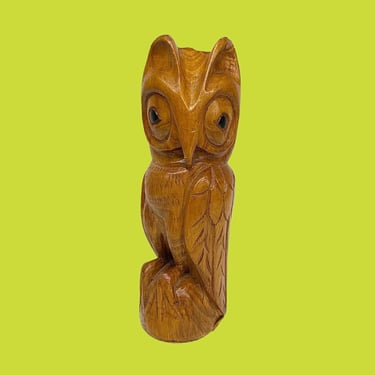 Vintage Owl Statue Retro 1970s Mid Century Modern + Brown Wood + Hand Carved + Nocturnal Animal + Winged Bird + MCM Home Decor 