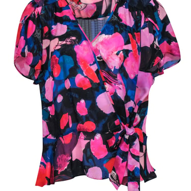 Parker - Pink, Red, & Blue Floral Print Silk Blend Faux Wrap Flutter Sleeve Blouse Sz L