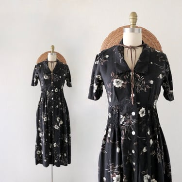 black floral maxi dress - s - vintage 90s cottage cottagecore dark flower small long rayon minimal 