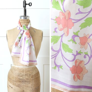 vintage 1970s long silk scarf • pastel art nouveau style floral scarf 