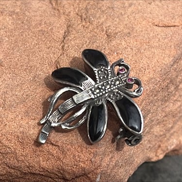 Vintage Sterling Silver and Onyx Small Dragonfly with Red Stone Eyes Brooch / Pin 