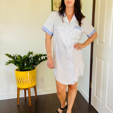 Vintage Sophia by Delicates Silky Baby Blue & White Check Short Sleeve Sleep Top, Night Shirt, Nightgown 