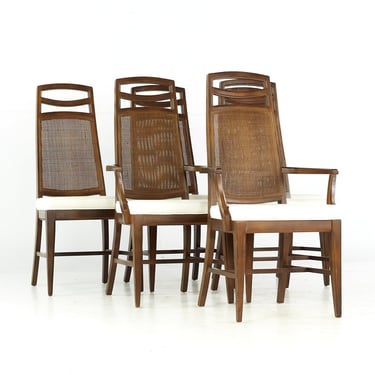 United Mid Century Walnut and Cane Dining Chairs - Set of 6 - mcm 
