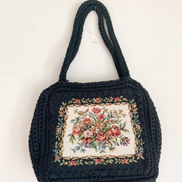 Vintage 1960s Needlepoint Floral Knitted Bag 