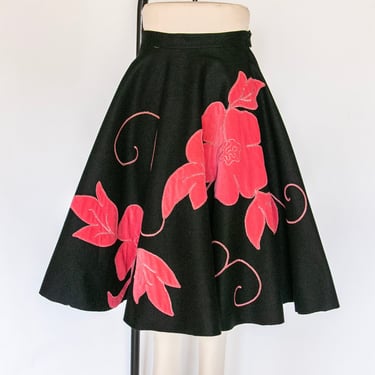 1950s Circle Skirt Black Wool Felt Appliqué L/XL 