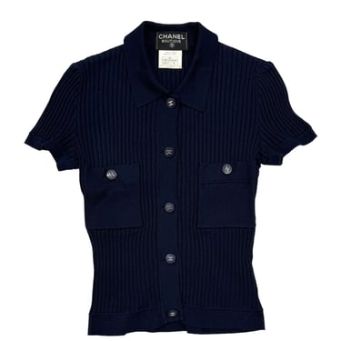 Chanel Navy Ribbed Logo Short Sleeve Button Down