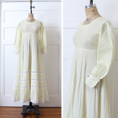 vintage 1970s bohemian empire waist dress • Tachi Castillo pale yellow cotton & crochet lace Mexican dress 