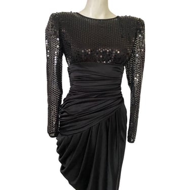 SHEER 90s DRESS black body-con dress, rouched sequin dress, black body-con party dress, vintage cocktail dress size XS s 