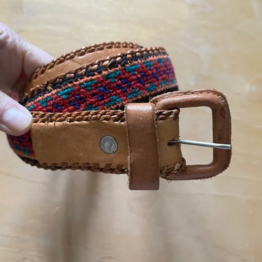 1990s Tan leather and Southwest Woven Cotton Belt- 35 inches 
