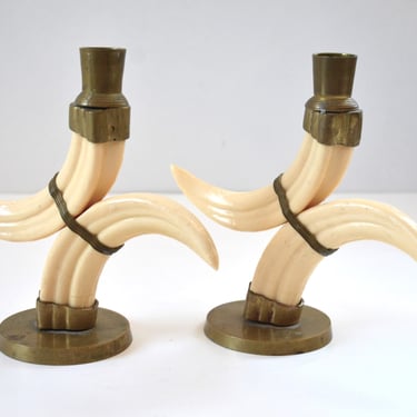 Vintage Faux Wild Boar Tusk Candle Holder Set, Made in India 