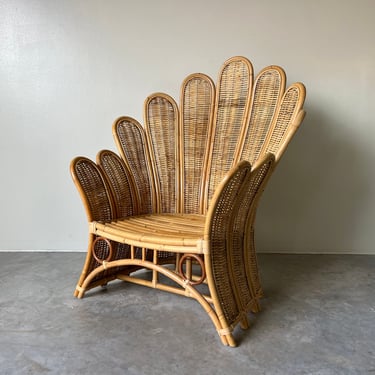 Vintage Palm Frond Peacock Bamboo Rattan Lounge Chair 