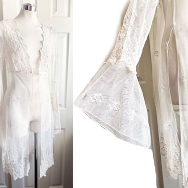 Vintage BEBE White Lace Long Jacket Duster Bridal Wedding Dress Cover Boho Hippie Embroidered 