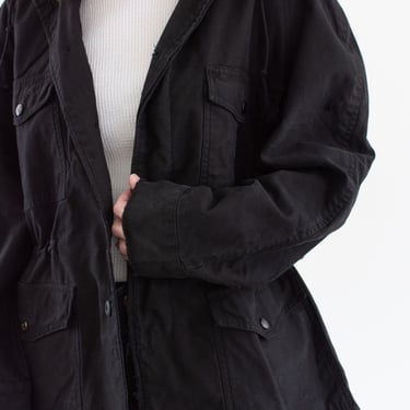Vintage Black Hood Drawstring Jacket | Unisex Cotton Four Flap Pocket Utility Double Layer Coat | S M | 