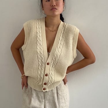 80s Dior wool sweater vest / vintage Christian Dior ivory wool cable knit fisherman button front boyfriend sweater vest waistcoat | Large 