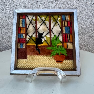 Vintage kitsch mini needlepoint art cat in window theme wood frame size 6” 