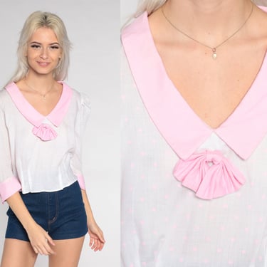 Puff Sleeve Blouse 80s White Pink Polka Dot Top Bow Shirt 3/4 Sleeve Collared Blouse Retro Feminine Chelsea Collar Vintage 1980s Medium M 