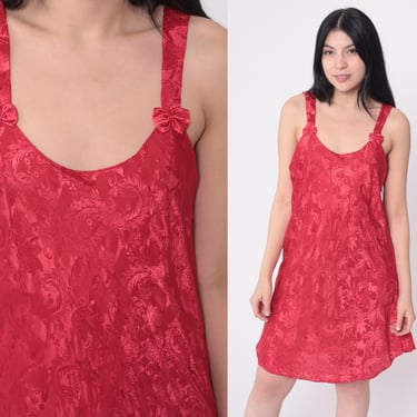 Red Embossed Slip Dress 90s Floral Lingerie Nightgown Mini Dress Bows Sleeveless 1990s Sexy Nightie Retro Vintage Medium 