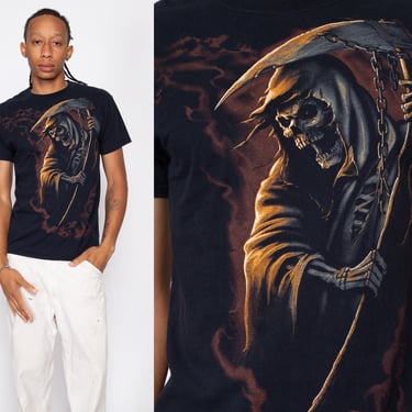 Small Y2K Grim Reaper T Shirt | Vintage Black Skeleton Graphic Tee 