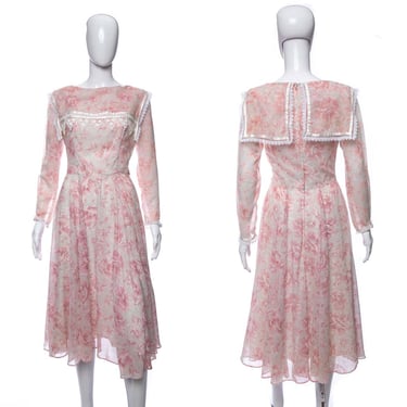 1980's Gunne Sax Pink Floral Long Sleeve Dress Size S