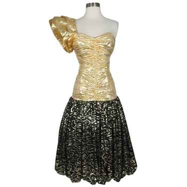 Vintage 80s Gold Black Metallic Prom Party Dress S Small Bubble Balloon Lamé Shiny Foil One Shoulder Ruffle Formal Dance 1980s Costume Glam 