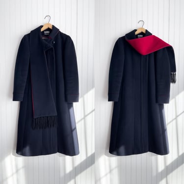 navy wool cashmere coat 80s 90s vintage dark blue red scarf shawl minimalist wool coat 