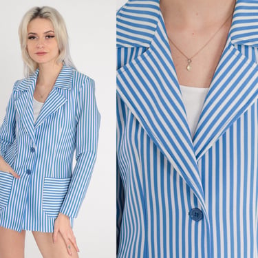 Pinstripe Blazer 70s Button up Jacket Blue White Striped Print Retro Tailored Preppy Notched Collar Pockets Chic Coat Vintage 1970s Small S 