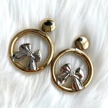 Vintage Faux Silver And Gold Dangling Bow Earrings 