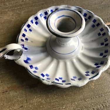 French Enamel Candlestick, Lustucru Blue Check, Chamber Candle, Chippy, French Farmhouse 