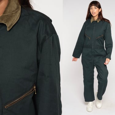 Walls Coveralls Y2k Dark Green Workwear Jumpsuit Insulated Coverall Pants Quilted Lining Corduroy Collar Retro Vintage 00s Mens Extra Large 