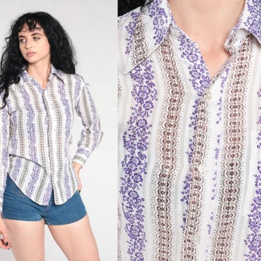 70s Disco Shirt Striped Floral Print Shirt White Purple Boho Dagger Collar Button Up Top Retro Hippie Vintage 1970s Long Sleeve Small xs s 