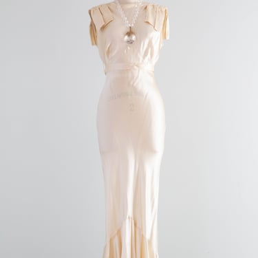 Sublime 1930's Gleaming Ivory Silk Satin Crepe Bias Cut Wedding Gown / XS