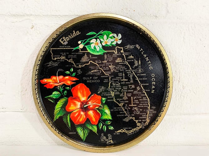 Vintage Metal Florida Drink Tray Plate Souvenir Retro Round Tiki Hibiscus Mid-Century Barware Black Gold State Home Decor 