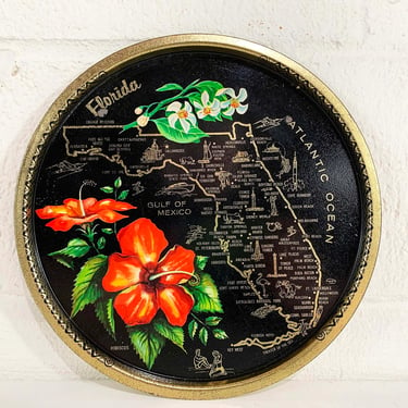 Vintage Metal Florida Drink Tray Plate Souvenir Retro Round Tiki Hibiscus Mid-Century Barware Black Gold State Home Decor 