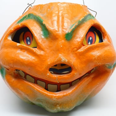 Large 7 Inch Vintage 1940's Halloween Smiling Jack-O-Lantern, made with Pulp Paper Mache, Antique, Retro jol, Orange with Green Accents 