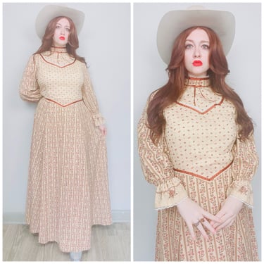 1970s Vintage Brown Bouquet Print Prairie Dress / 70s Cotton Calico Victorian Country High Neck Maxi Gown / XL -XXL 