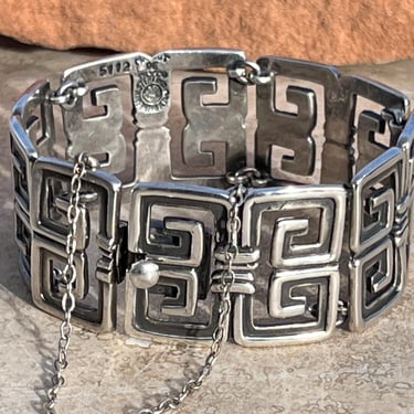 Margot De Taxco ~ Vintage Midcentury Sterling Silver Double Greek Key Design Wide Link Bracelet 