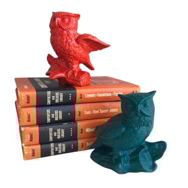 Vintage Orange & Teal Ceramic Owl Figurines | Mid-Century Retro Color Pop Décor | Made in Japan 