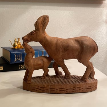 Vintage Hand Carved Deer Baby Fawn Wooden Figurine | Hand Carved Wood Fawn Deer Figure | Hand Crafted Animal Statue 