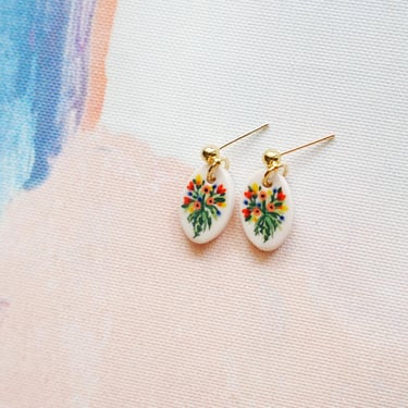 Elegant Hand Painted Flower Ceramic Earrings, Handmade Porcelain Earrings, Porcelain Ceramic Charms, Colorful Flower Bouquet, Handmade Gift 