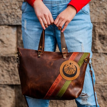LIMITED-RUN | Handmade Leather Purse | Leather Tote Bag | The Striped Eco-Friendly Mahogany Mountain Bowler Bag |  Mahogany 