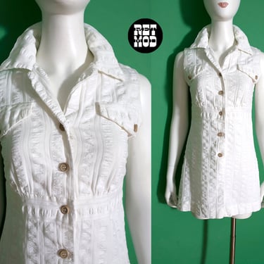 Sexy Chic Vintage 60s 70s White Seersucker Fabric Mini Sleeveless Dress with Collar 