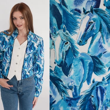 Wild Horse Shirt 90s Button Up Blouse Layered Top Watercolor Print Long Sleeve Western Twofer Blue White Retro Vintage 1990s Medium M 