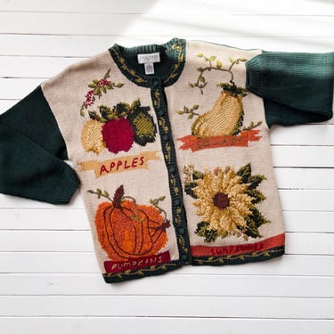 cottagecore sweater 90s vintage green apple pumpkin sunflower hand knit embroidered cardigan 